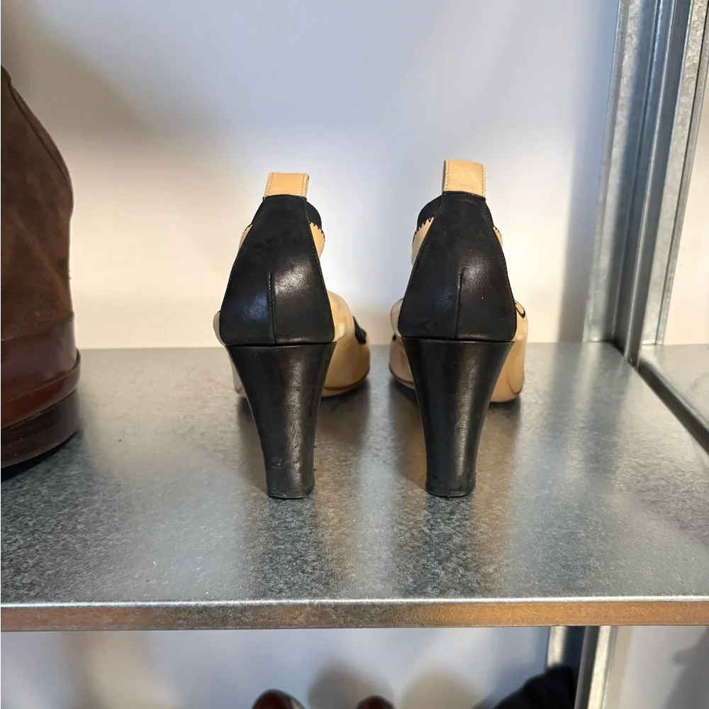 CHANEL Beige and Black Leather Cap-Toe Heels